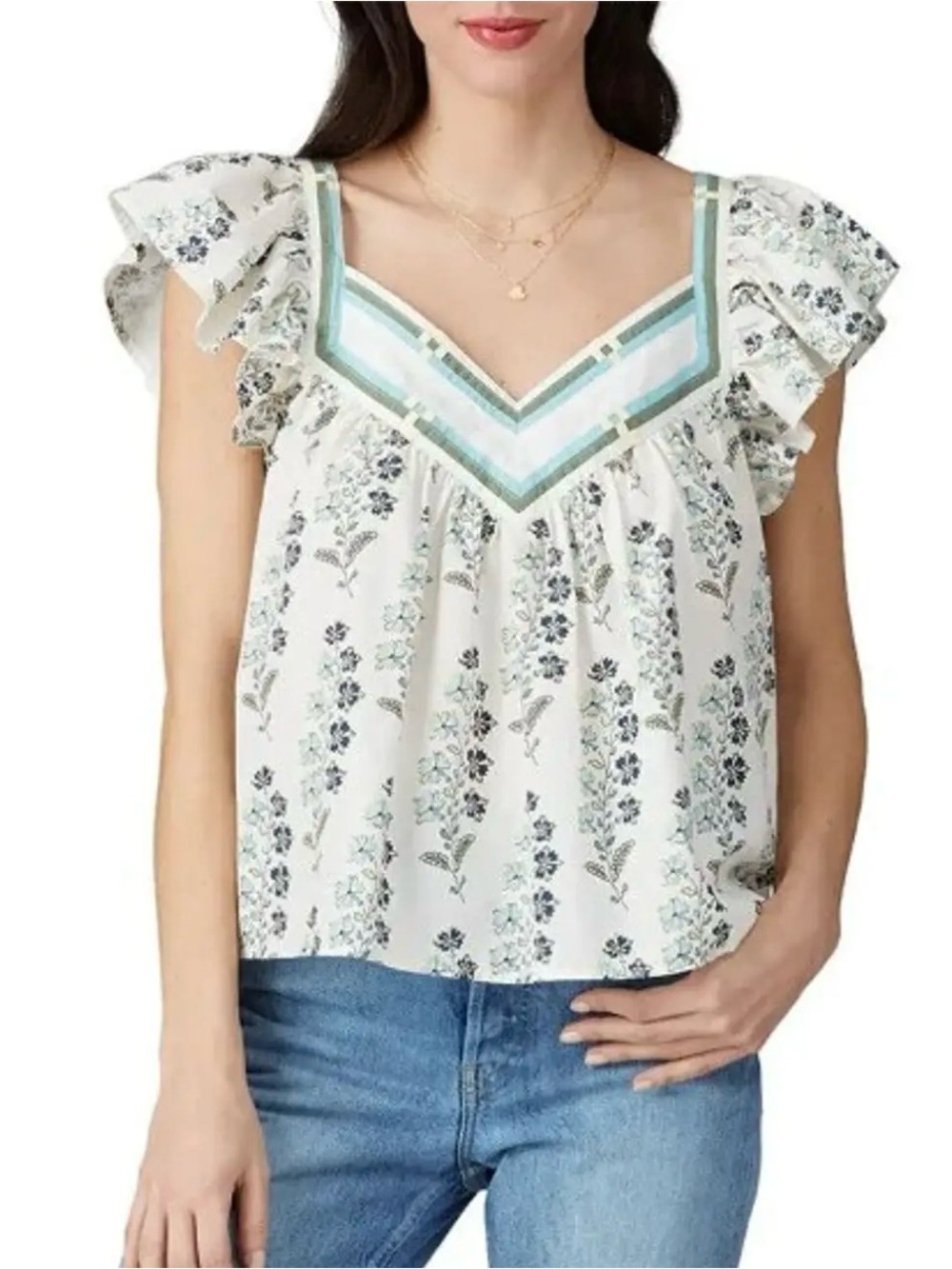 La Vie Rebecca Taylor cotton Larkspur top flounce sleeve floral size medium